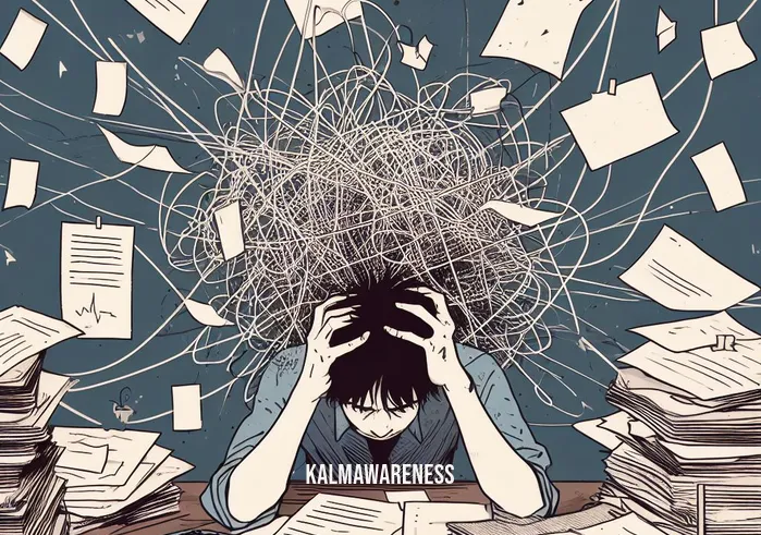 keep calm and think strait _ Image: A cluttered desk with scattered papers and a stressed person furrowing their brows in front of a tangled web of problems.Image description: A disorganized workspace, papers askew, and a person looking overwhelmed by complexity.