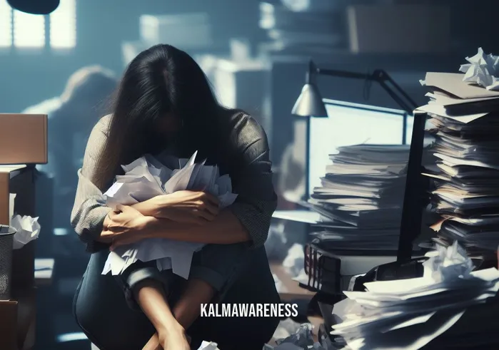 letting go of control meditation _ Image: A woman sits cross-legged on a cluttered desk, surrounded by a chaotic workspace, gripping a pile of papers tightly in her hands.Image description: In a dimly lit office, a stressed-out woman struggles to control her disarrayed surroundings, clutching tightly to her work in a futile attempt to maintain order.