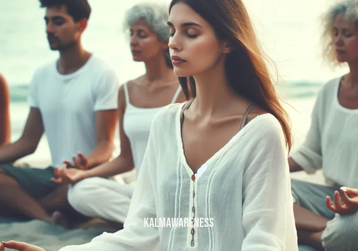 letting go of control meditation _ Image: A group of people meditates together on a peaceful beach, with the woman from the previous images among them, visibly relaxed as she lets go of her need for control.Image description: In the company of others, the woman finds solace on a tranquil beach, embracing the collective energy of meditation to release her grip on control.