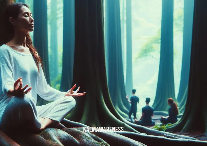 letting go of control meditation _ Image: The same group now practices meditation in a lush forest, surrounded by towering trees. The woman is at ease, meditating peacefully as she lets go of her need to control.Image description: In the heart of a serene forest, the woman and her companions continue their meditation journey, fully surrendering control to the calming embrace of nature.