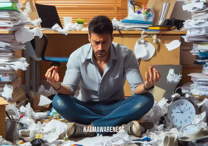 magic meditation _ Image: A cluttered and chaotic room with a person surrounded by stress-inducing distractions, like a ringing phone, scattered papers, and a ticking clock.Image description: In the midst of chaos, a person sits cross-legged on the floor, looking overwhelmed and stressed, unable to focus on meditation.