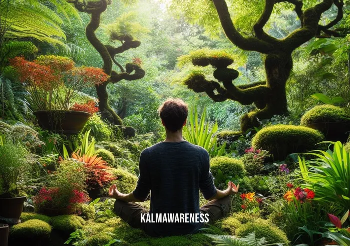 magic meditation _ Image: The same person, now outside in a lush, vibrant garden, surrounded by nature