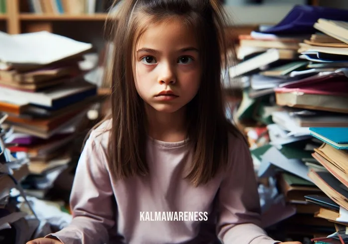 meditating girl _ Image: A young girl sits amidst cluttered surroundings, surrounded by a disarray of books and papers, her brow furrowed in deep thought.Image description: The meditating girl appears overwhelmed by the chaos around her, with an expression of stress and confusion on her face.