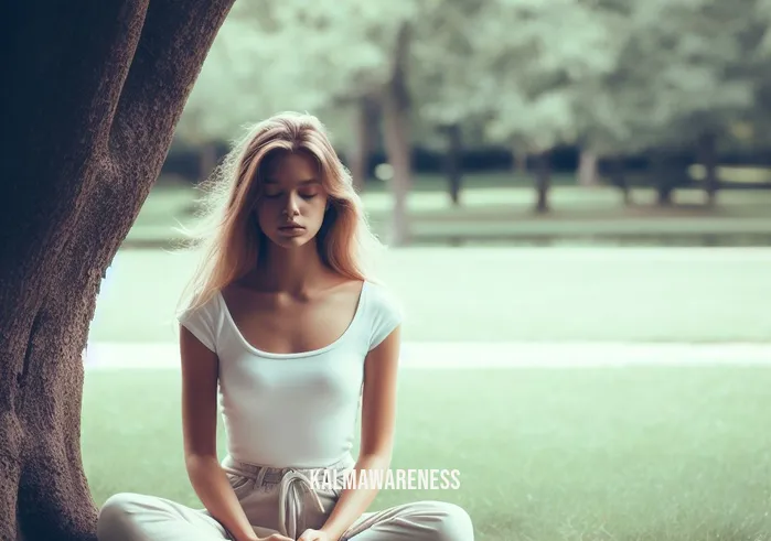 meditating girl _ Image: The same girl has moved outdoors, now sitting under a tree in a tranquil park, her eyes closed in serene meditation.Image description: She finds solace in nature, seeking refuge from her previous chaotic state. Her posture is relaxed, and she appears more peaceful.