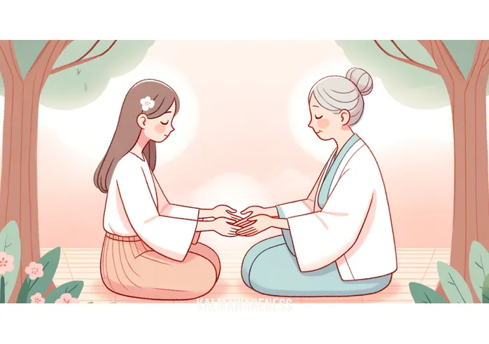 meditating girl _ Image: The girl is now joined by a mentor, an older woman, who guides her in meditation, their hands forming a calming connection.Image description: The meditating girl sits alongside her mentor, both radiating tranquility, as they share a moment of serene connection and guidance.