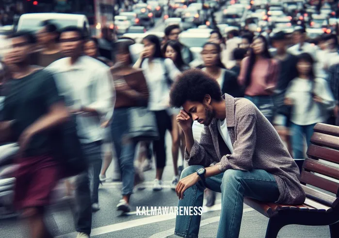 meditating icon _ Image: A crowded, bustling city street filled with people rushing past a stressed-looking individual sitting on a bench, lost in thought.Image description: In the midst of urban chaos, a solitary figure in casual attire struggles to find peace, sitting amidst the hurried commuters and honking cars.