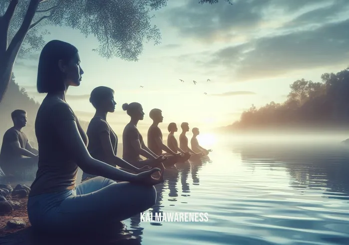 meditating icon _ Image: They join a guided meditation group, sitting with others by a serene lakeside, focused and calm, as their stress begins to dissipate.Image description: Finding support, they now meditate with a group by a peaceful lakeside, blending into the harmonious rhythm of collective mindfulness.