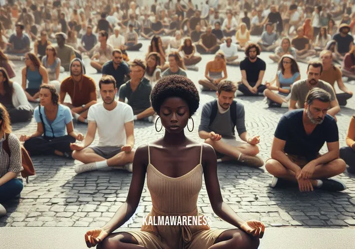 meditating in public _ Image: A sense of calm surrounds her as people slow down and observe. Image description: The once frenetic atmosphere begins to calm down, and people in the square pause to observe the woman meditating, creating a sense of stillness.
