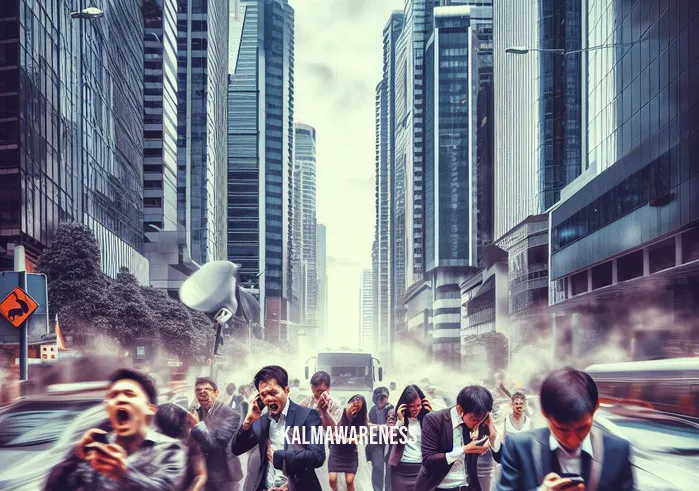 meditation elephant _ Image: A crowded, noisy city street filled with stressed people rushing by, horns blaring, and tall buildings looming overhead.Image description: People in business attire, hunched over their phones, appear overwhelmed and anxious amidst the urban chaos.