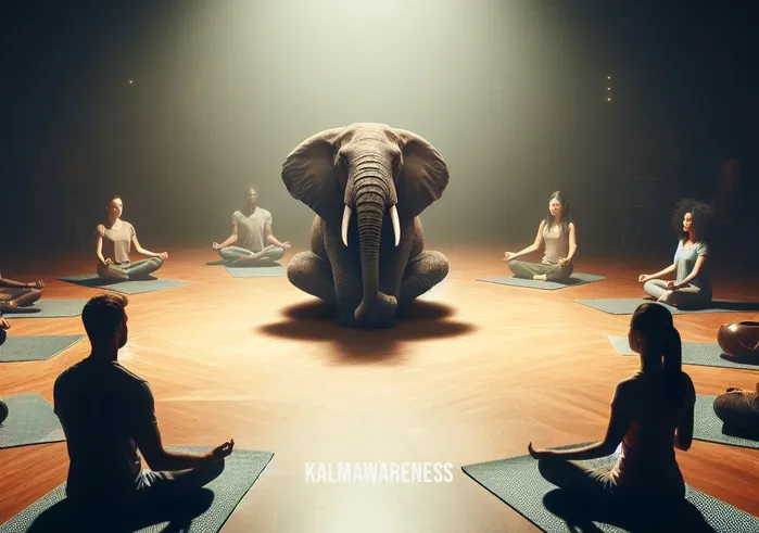 meditation elephant _ Image: A dimly lit meditation studio with soft, soothing music playing in the background, mats arranged in a circle.Image description: A diverse group of people, seated cross-legged with eyes closed, follow the elephant