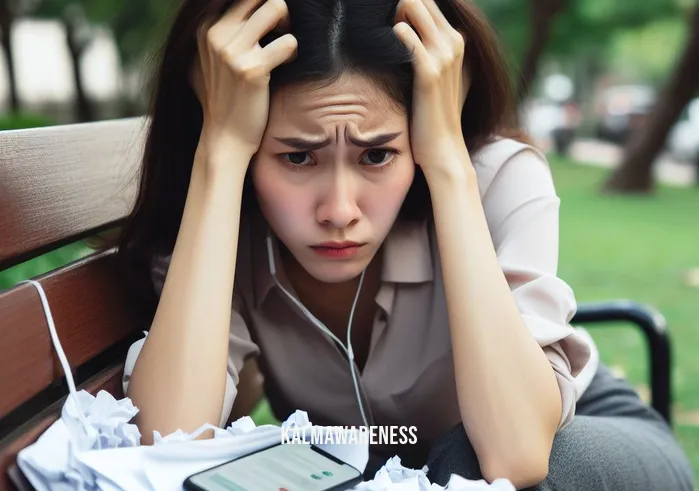 meditation expert say _ Image: A person sitting on a park bench, looking overwhelmed and stressed. Image description: The individual has a furrowed brow, surrounded by scattered papers and a smartphone buzzing with notifications.