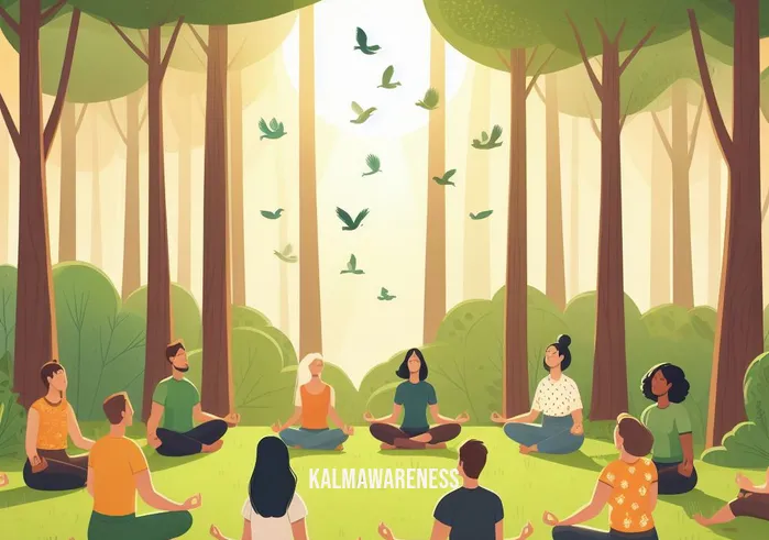 meditation expert say _ Image: A meditation group practicing mindfulness in a lush forest. Image description: A diverse group of people in a circle, meditating together amidst tall trees and chirping birds.