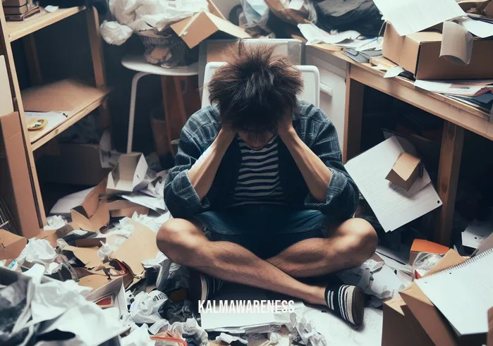 meditation face _ Image: A cluttered and chaotic room with a person sitting cross-legged, looking stressed and overwhelmed amidst scattered papers and clutter. Image description: A person in casual clothing with disheveled hair, sitting amidst a disorganized room, wearing a distressed expression, surrounded by clutter and chaos.