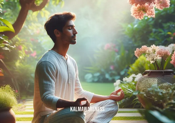 meditation face _ Image: A serene outdoor scene with the same person now sitting in a peaceful garden, surrounded by lush greenery and calmness, beginning to close their eyes. Image description: The person has moved outside into a tranquil garden, sitting cross-legged on a cushion, surrounded by blooming flowers and greenery, starting to relax.