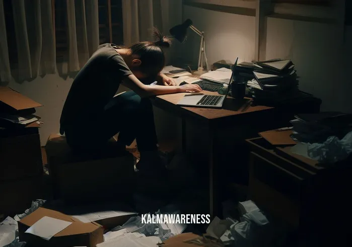 meditation for awakening _ Image: A cluttered, dimly lit room with a person slouched over a desk, surrounded by scattered papers and a laptop.Image description: In a cluttered, dimly lit room, a person appears overwhelmed, slouched over their desk, surrounded by scattered papers and a laptop.