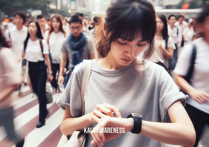 meditation for awakening _ Image: A bustling urban street with a person rushing amidst a crowd, checking their watch with a worried expression.Image description: In a bustling urban street, a person rushes amidst a crowd, checking their watch with a worried expression, feeling the pressures of modern life.