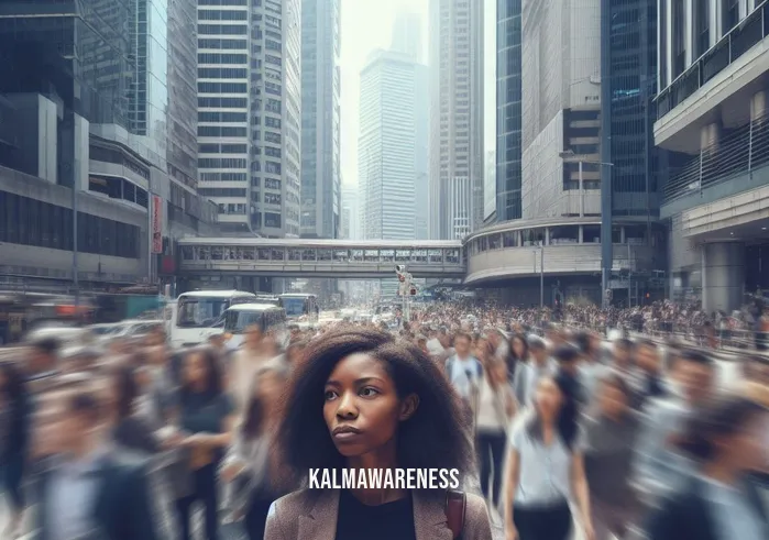 meditation for change _ Image: A crowded, noisy city street filled with people rushing by, looking stressed and distracted.Image description: A bustling urban scene with towering skyscrapers, traffic, and pedestrians in a hurry.