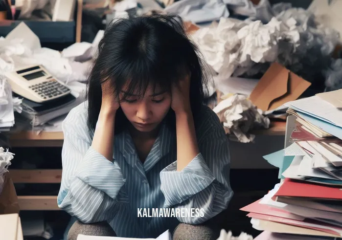 meditation for change _ Image: A close-up of a person sitting in a cluttered, chaotic room with papers and clutter all around them, looking overwhelmed.Image description: A cluttered room with disorganized papers and a person sitting amidst the chaos, appearing stressed.