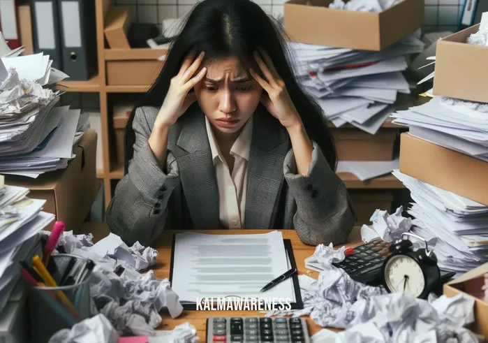 meditation for clarity and decision making _ Image: A cluttered desk with papers and a stressed person in front of it, looking overwhelmed.Image description: A cluttered desk with scattered papers, a disorganized workspace, and a person looking stressed, overwhelmed by decision-making.