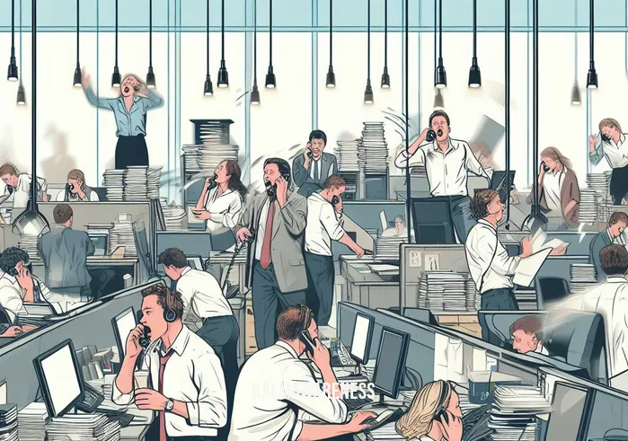 meditation for communication _ Image: A crowded and chaotic office with people talking loudly on the phone, typing frantically, and looking stressed.Image description: An image of a cluttered office space with disorganized desks, people rushing around, and a general sense of chaos.