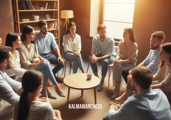 meditation for communication _ Image: A group of coworkers gathered in a cozy meeting room, sitting in a circle, engaged in a deep conversation, and actively listening to each other.Image description: Colleagues sitting in a circle in a warm, inviting meeting room, practicing mindful communication, and fostering a sense of connection.