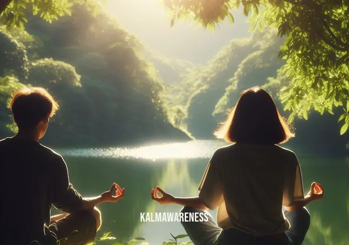 meditation for luck _ Image: The same person, now outdoors, sits cross-legged by a tranquil lake, surrounded by lush greenery and gentle sunlight.Image description: They