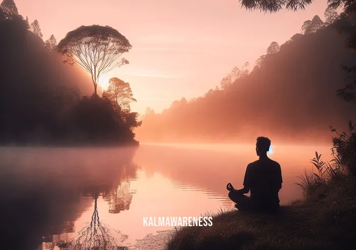meditation for sleep and pain _ Image: A serene natural landscape at dawn, with a person sitting cross-legged by a tranquil lake, beginning their meditation practice.Image description: A tranquil lakeside at dawn, bathed in soft hues of orange and pink, where a person sits in peaceful meditation, finding solace.