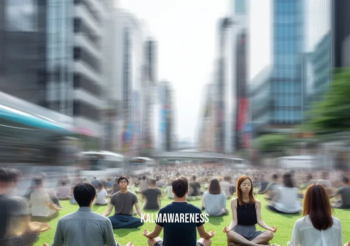 meditation for ukraine _ Image: A group of individuals sitting on a grassy park, attempting to meditate amidst the noise and commotion of the city.Image description: Amidst the chaos of the city, a small group of people sits on the park