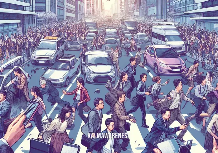 meditation icon _ Image: A crowded, bustling city street with people rushing in all directions, horns blaring, and smartphones in hand.Image description: A chaotic urban scene with stressed individuals, traffic, and the relentless pace of modern life.