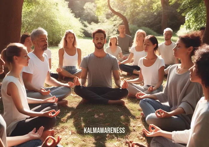 meditation icon _ Image: A group of people sitting in a circle under the shade of trees, their eyes closed, practicing mindfulness meditation. The atmosphere exudes a sense of calm and unity.Image description: A community coming together to meditate, fostering a sense of connection and inner peace in a harmonious environment.