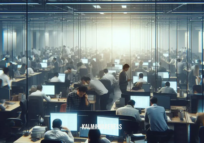 meditation in progress sign _ Image: A bustling office with fluorescent lights and stressed employees hunched over their desks. Image description: The office is filled with tension as people frantically work, surrounded by cluttered desks and screens.