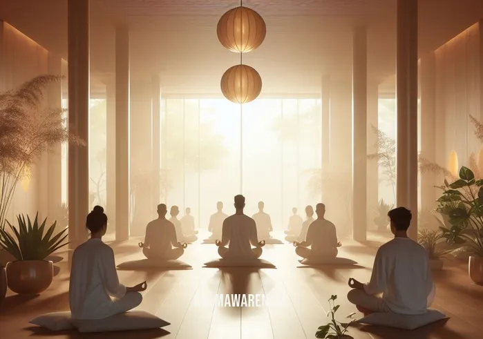 meditation in progress sign _ Image: A serene meditation room with soft lighting, plants, and people sitting in peaceful meditation. Image description: The room is a tranquil haven, and people sit comfortably in various meditative postures.