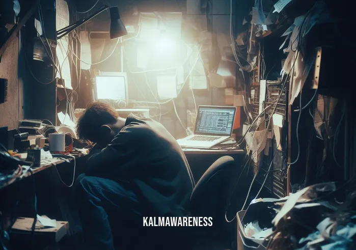 meditation journey _ Image: A cluttered, dimly lit room with a person slouched in a chaotic workspace, surrounded by papers and gadgets.Image description: In the midst of chaos, a person sits amidst clutter and disarray, feeling overwhelmed by the demands of everyday life.