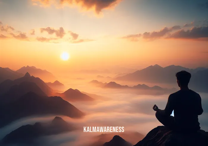 meditation journey _ Image: A serene sunrise over a mist-covered mountain range, with a person sitting cross-legged in meditation on a peaceful mountaintop.Image description: Seeking solace, the individual has embarked on a journey to the tranquil mountains, greeted by the calming embrace of nature