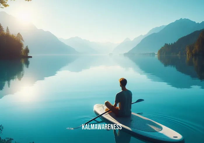 meditation journey _ Image: A tranquil lakeside, with the person floating peacefully on a paddleboard, basking in the gentle reflections of the clear blue sky and water.Image description: Their journey takes them to the serene waterside, where they experience profound tranquility while floating on the paddleboard.