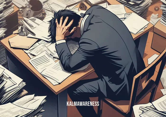 mtioditation pleine conscience _ Image: A chaotic desk cluttered with papers, a stressed person hunched over it, overwhelmed by work.Image description: A cluttered desk with scattered papers and a person in a business suit looking stressed and overwhelmed by work.