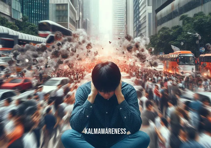 meditation ringing in ears _ Image: A person sitting in a noisy, chaotic city park, surrounded by bustling crowds and traffic. Image description: The individual looks distressed, holding their ears in discomfort, overwhelmed by the cacophony.