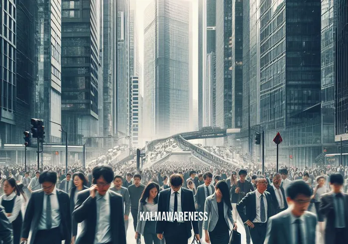 meditation ted talk _ Image: A crowded and chaotic city street with people rushing around, looking stressed and distracted.Image description: People in business attire walking hastily amidst towering skyscrapers, horns blaring, and a general sense of busyness and chaos.
