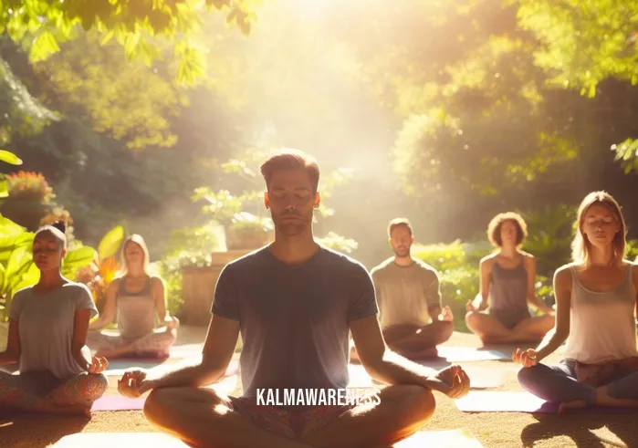 meditation ted talk _ Image: A meditation workshop in a serene, sunlit garden with a group of diverse individuals sitting cross-legged, focused, and meditating.Image description: A diverse group of people sitting in a tranquil garden, eyes closed, meditating peacefully under the warm sunlight.