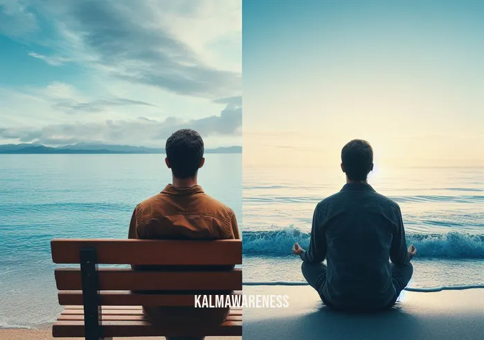 meditation ted talk _ Image: The same person from the second image now sitting cross-legged on a quiet beach, with the vast ocean in front, looking much more relaxed and centered.Image description: The individual previously seen on the park bench is now sitting cross-legged on a serene beach, waves gently lapping at the shore, appearing calm and centered.
