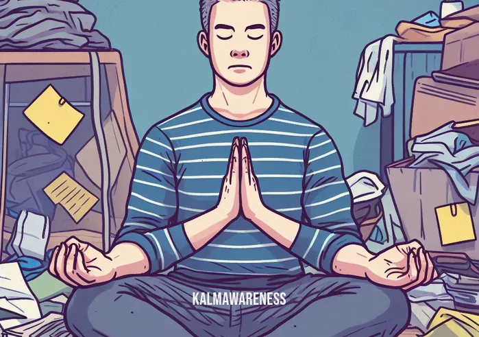 meditation to find lost items _ Image: A person sits cross-legged on the floor amidst the mess, their eyes closed in deep meditation.Image description: A person meditating amidst the clutter, finding inner calm amidst the chaos.