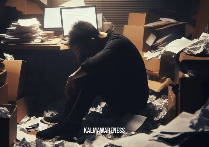 meditation to get high _ Image: A cluttered, dimly lit room filled with scattered papers and a stressed person hunched over a computer.Image description: In a messy, chaotic environment, a person is overwhelmed by work and stress, symbolizing the problem.