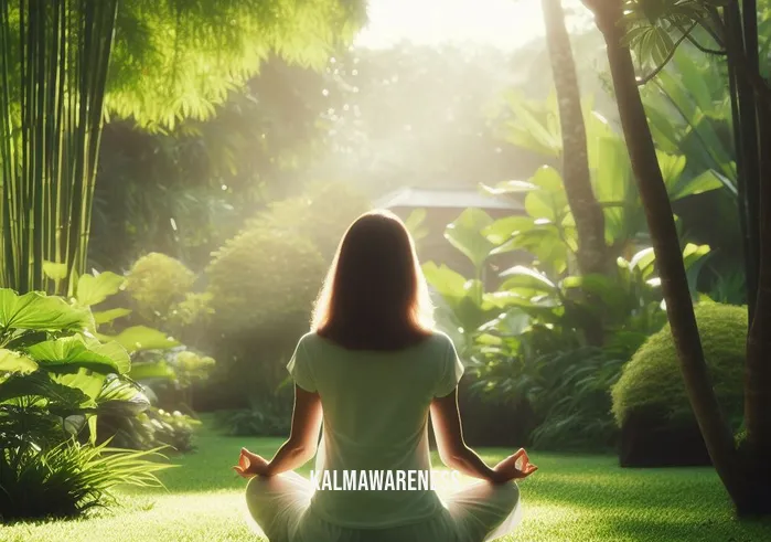 meditation to get high _ Image: The same person, now sitting cross-legged in a peaceful garden, surrounded by lush greenery and gentle sunlight.Image description: Seeking solace, the person finds themselves in a serene garden, beginning their journey towards peace.