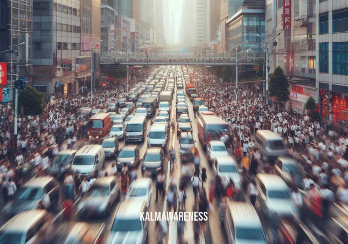 meditative chinese discipline _ Image: A chaotic urban scene with people rushing and honking cars, creating a noisy and stressful environment.Image description: Crowded streets of a bustling Chinese city during rush hour, with people in a hurry and traffic jams.