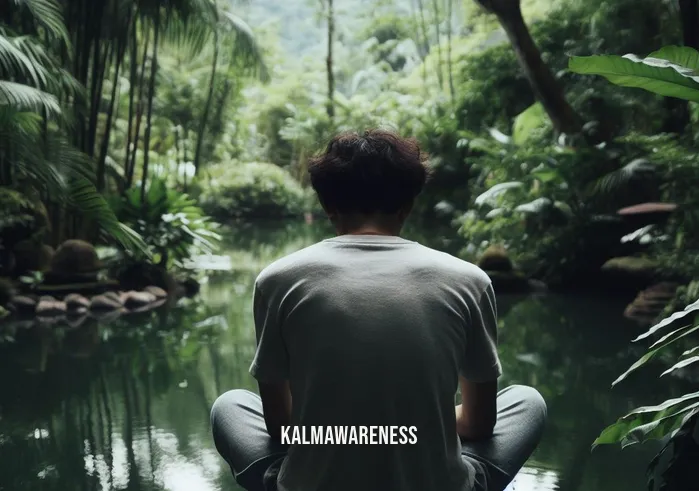 meditative thinking _ Image: A person sits cross-legged by a serene pond, surrounded by lush greenery, their furrowed brow revealing deep contemplation.Image description: Amidst nature