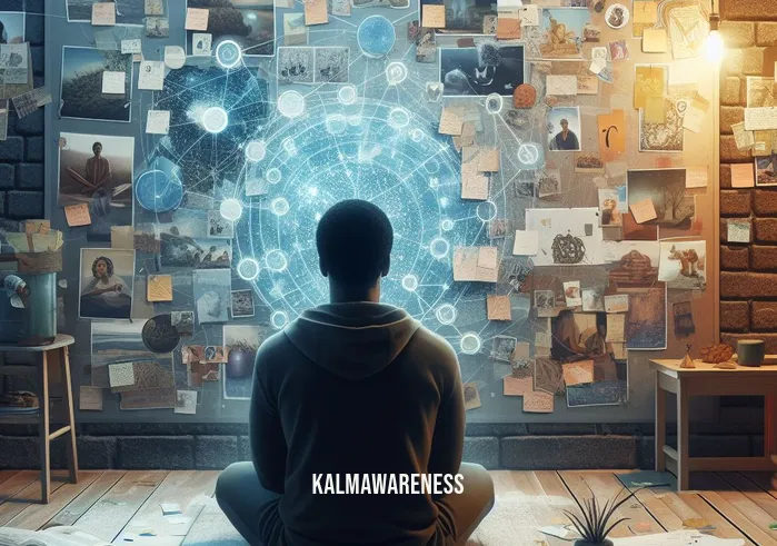 meditative thinking _ Image: Back in their home, the individual is alone, sitting in front of a vision board covered in images and notes, connecting the dots of inspiration and ideas.Image description: They consolidate their thoughts, manifesting a clearer path forward through a visual representation of their meditative thinking journey.
