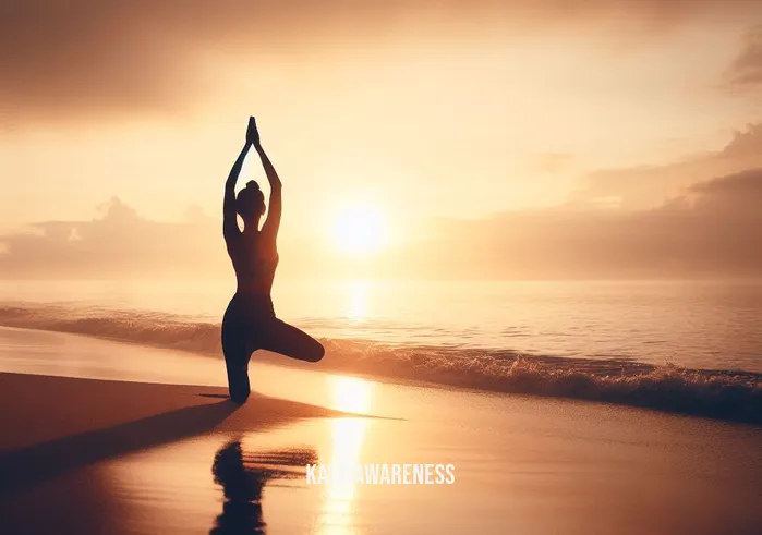 micromeditating _ Image: A serene beach at sunrise, with a person practicing yoga, embracing the tranquility of the moment.Image description: A peaceful beach scene as the sun rises, with a person in a yoga pose, fully immersed in meditation.