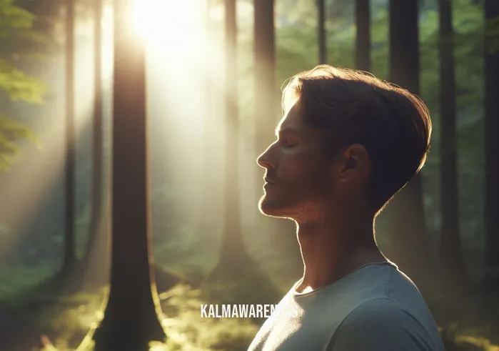 mind breaths _ Image: The same person now stands in a peaceful forest, bathed in soft sunlight. They are taking a deep, mindful breath, eyes closed, as they reconnect with nature