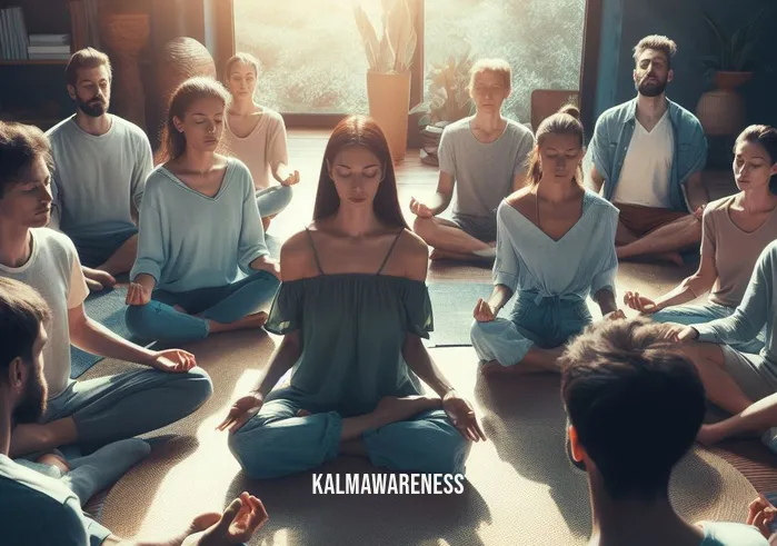 mind breaths _ Image: A group of individuals gather in a tranquil meditation studio, sitting in a circle with eyes closed. Each person