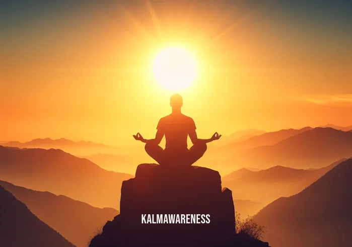 mind easy _ Image: A person meditating on a mountaintop at sunrise, finding inner peace and clarity.Image description: Silhouetted against the rising sun, a person meditates serenely on a mountaintop, symbolizing inner peace and mental clarity achieved through mindfulness.